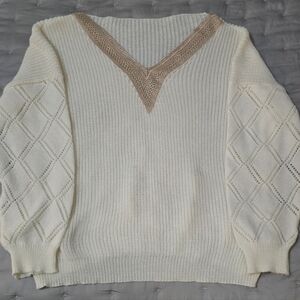 SHEIN Cream V-Neck Sweater with Brown Detail
